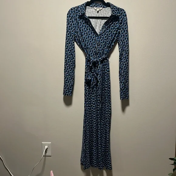 BODEN Laura Jersey Midi Shirt Dress, Blue, Geo Chain, Size 4L - Picture 2 of 12